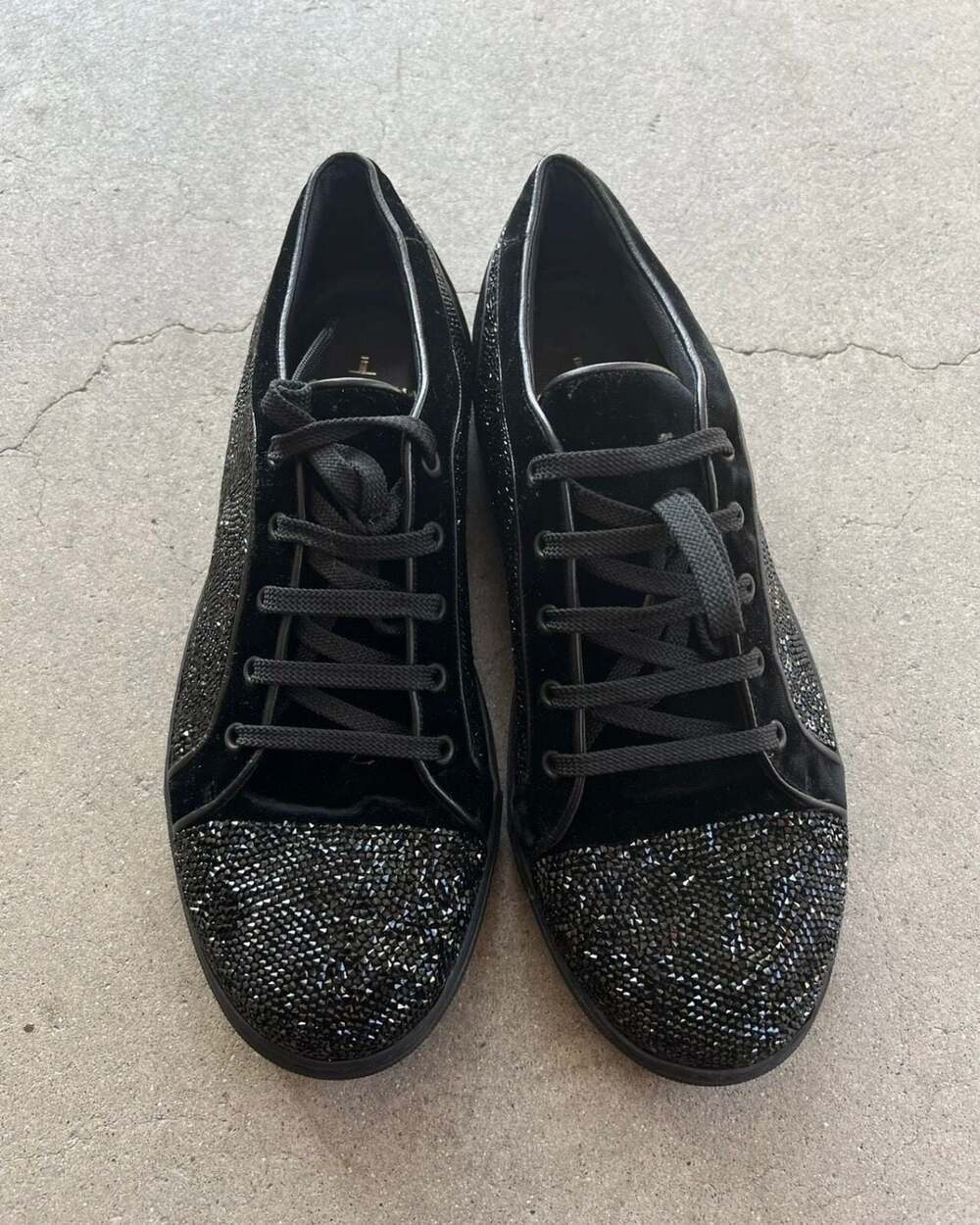 Louis Leeman Black Velvet and Rhinestone Embellished Low-Top Sneakers